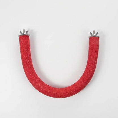 Red curved perch laid flat in a U shape, showing a metal wing nut and bolt at each end. 5