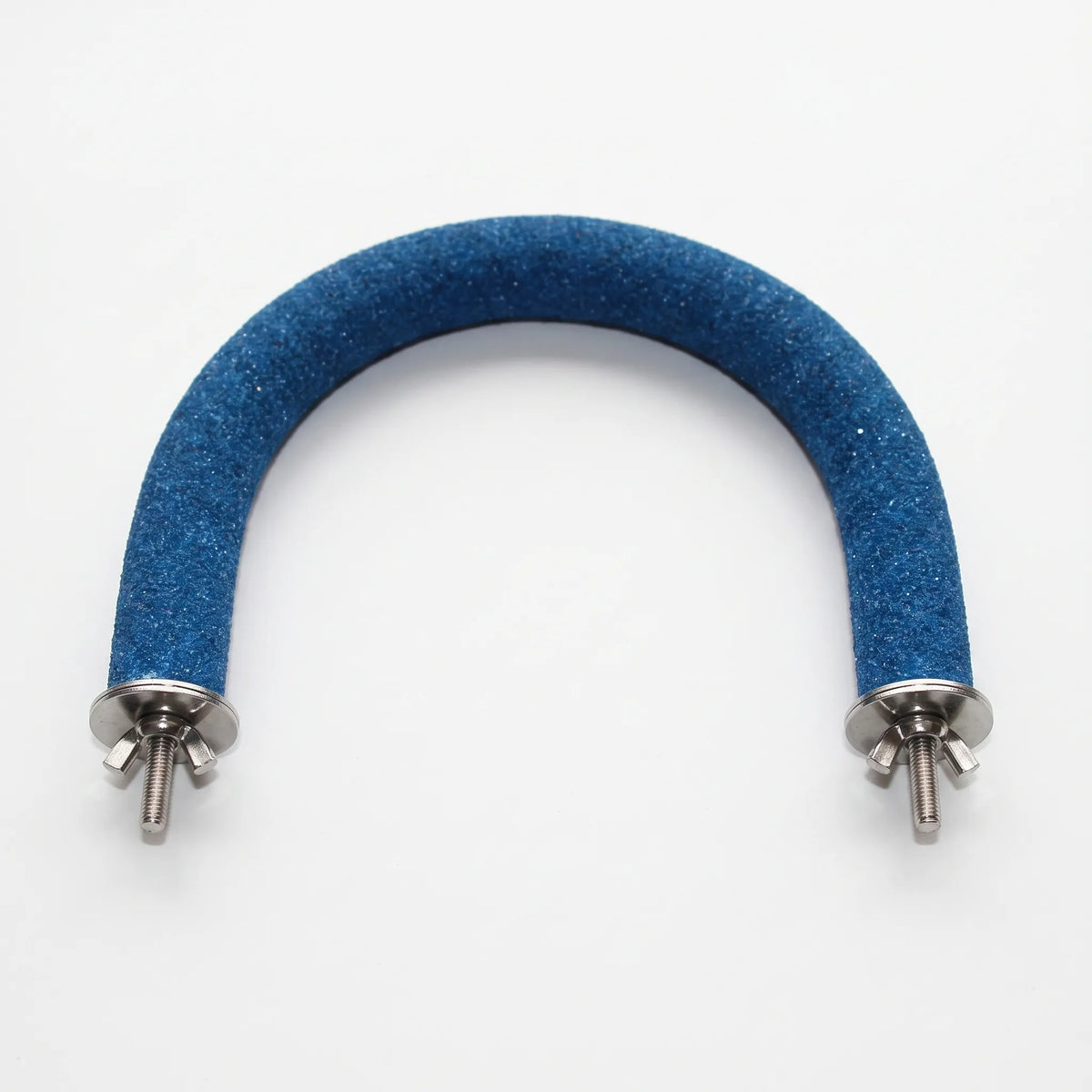 Blue curved perch seen from above, with a washer, wing nut and threaded bolt visible at both ends. 6