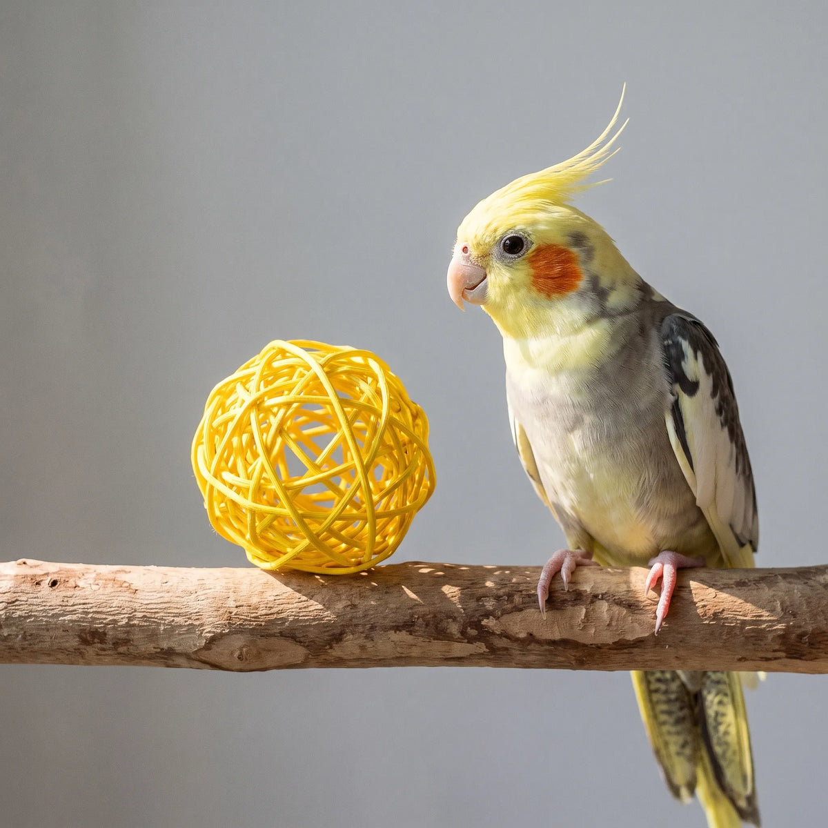 A yellow woven ball sits on a wooden perch beside a cockatiel with a yellow crest and orange cheek. 2