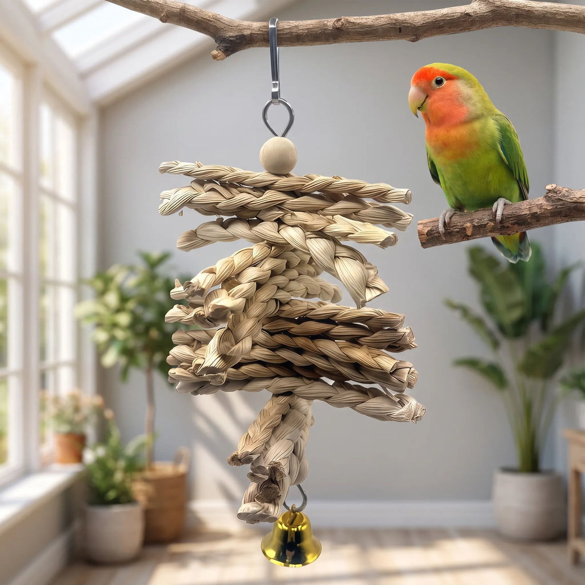Braided straw bird toy with a gold bell hanging from a branch in a bright room, with a green and orange lovebird perched beside it. 2