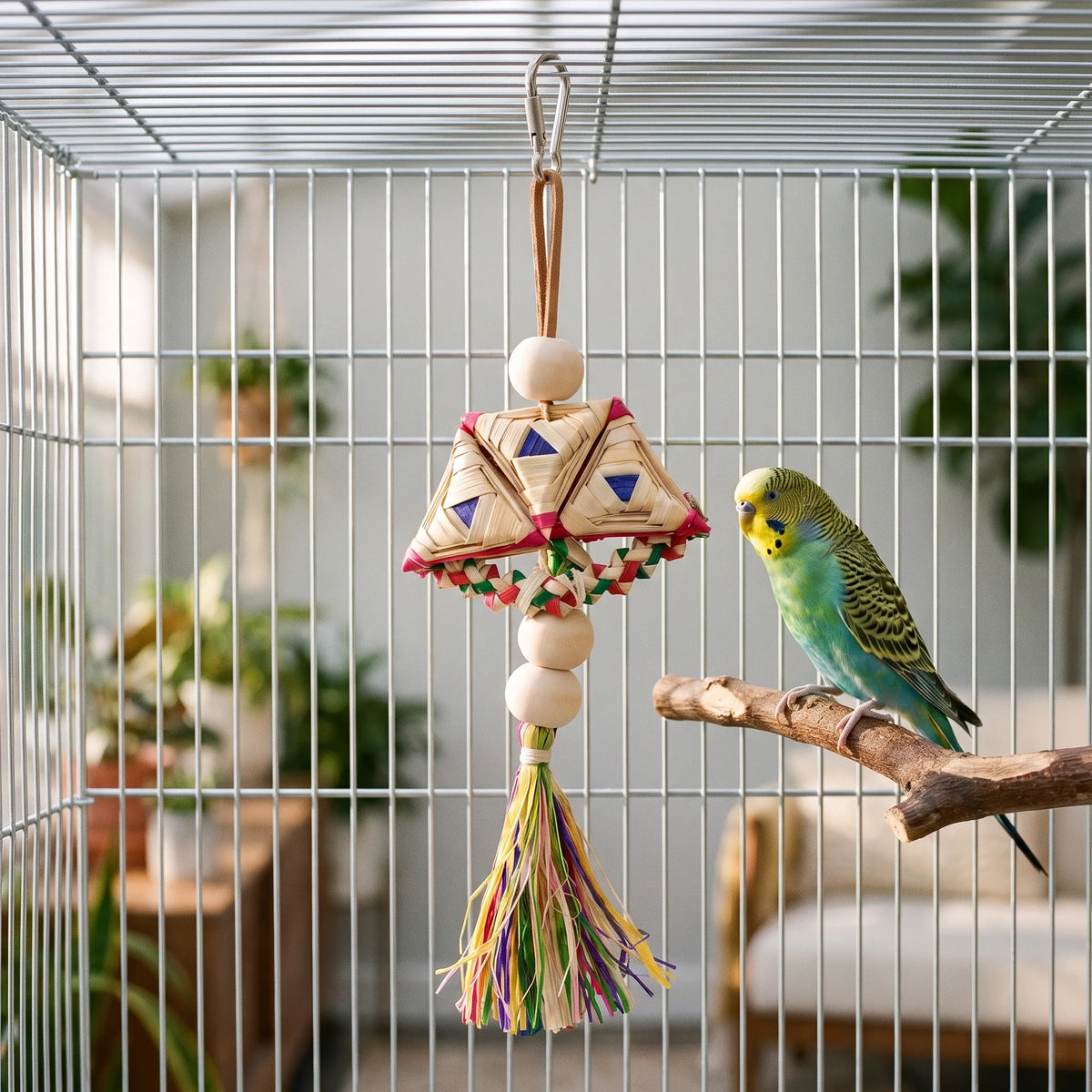 Toy hanging inside a wire cage while a green and yellow budgerigar perches on a wooden branch beside it. 2