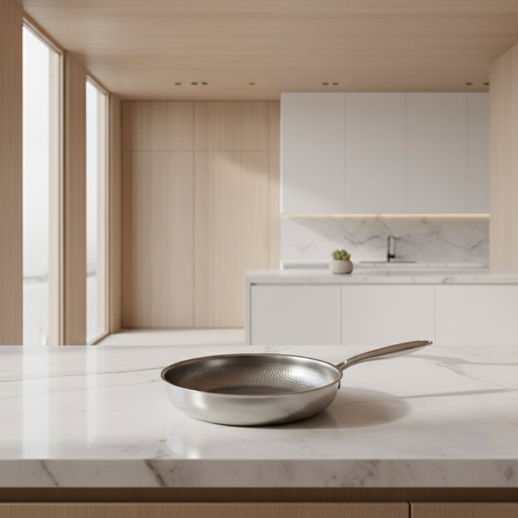Pan resting on a white marble worktop in a bright, minimalist kitchen with pale wooden cabinets and tall windows. 2