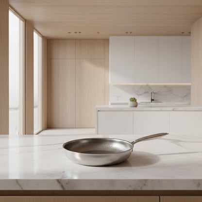 Pan resting on a white marble worktop in a bright, minimalist kitchen with pale wooden cabinets and tall windows. 2