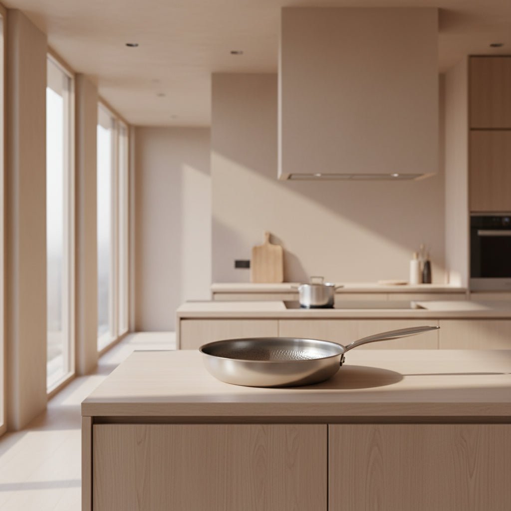 Pan on a light wooden kitchen island in a modern, sunlit kitchen with an extractor hood and a saucepan behind. 4