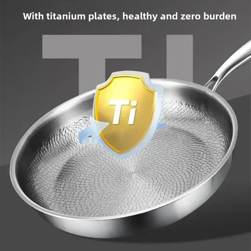 Pan with a golden shield graphic over the textured cooking surface, illustrating its titanium construction, against a grey background. 6