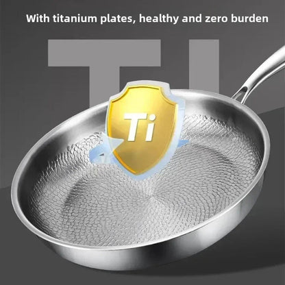 Pan with a golden shield graphic over the textured cooking surface, illustrating its titanium construction, against a grey background. 6