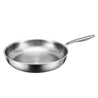 Silver frying pan with a hammered honeycomb-textured cooking surface and a long steel handle, shown on a plain white background. 1
