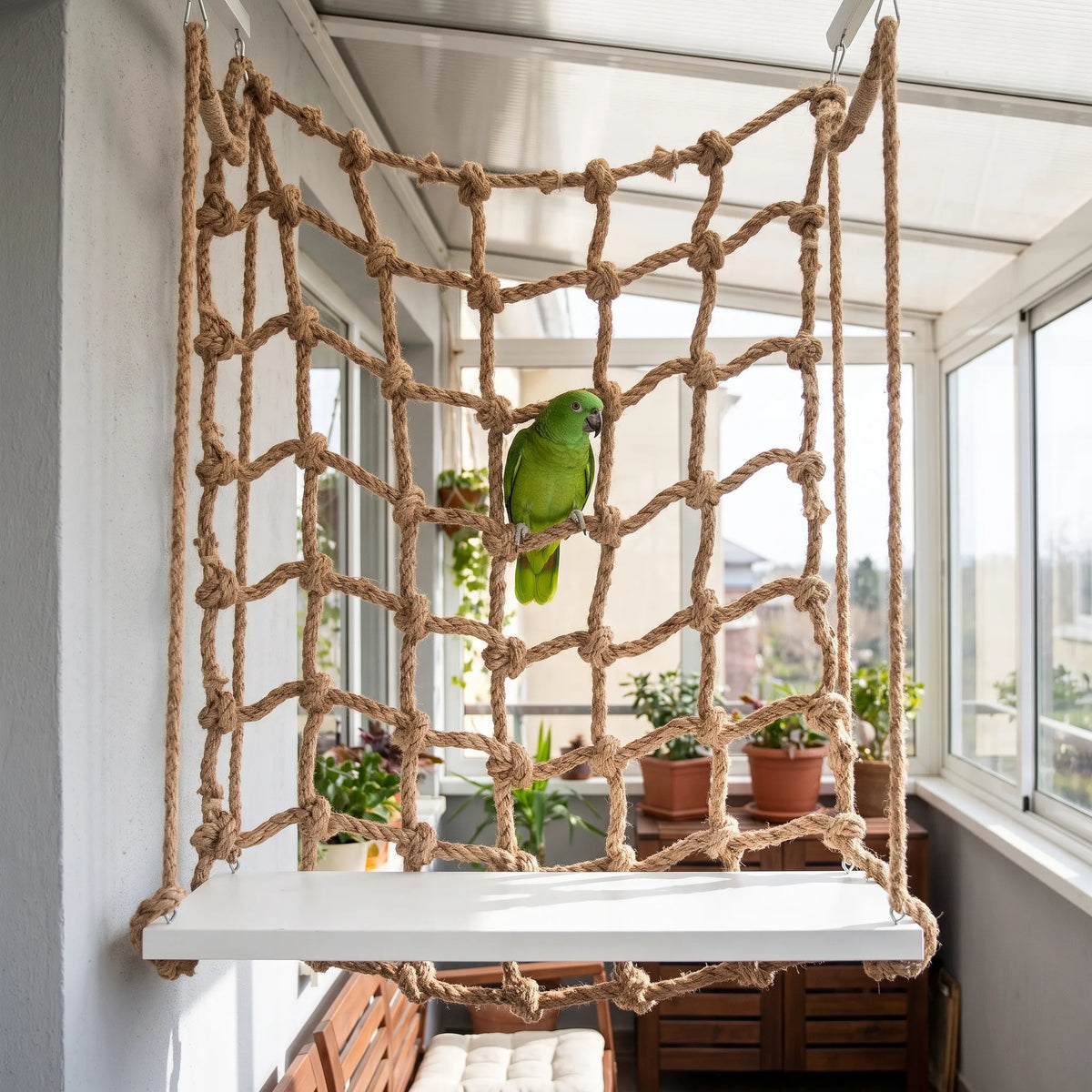 Green parrot perched on the rope net hanging in a bright conservatory, with a white platform at the bottom. 2
