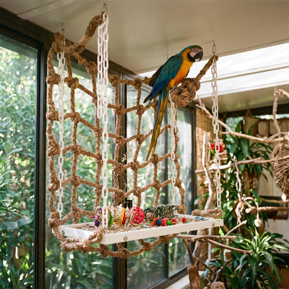 Blue and yellow macaw sitting on a knotted corner of the hanging net, with toys on the platform in an aviary. 3