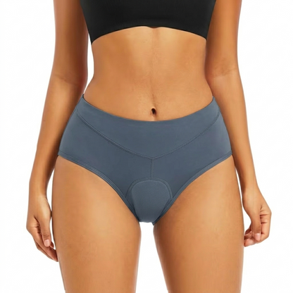 Front view on a model of slate grey-blue briefs with a visible mesh-covered pad 9