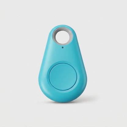 Turquoise teardrop-shaped tracker with a round central button and keyring hole, on a plain background 8