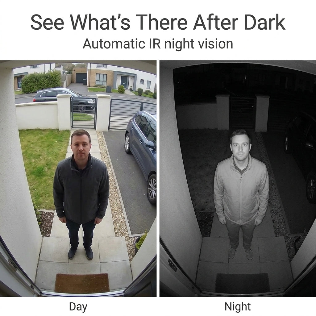 Side-by-side camera views of a man at the door, in daylight and in black-and-white night vision 5