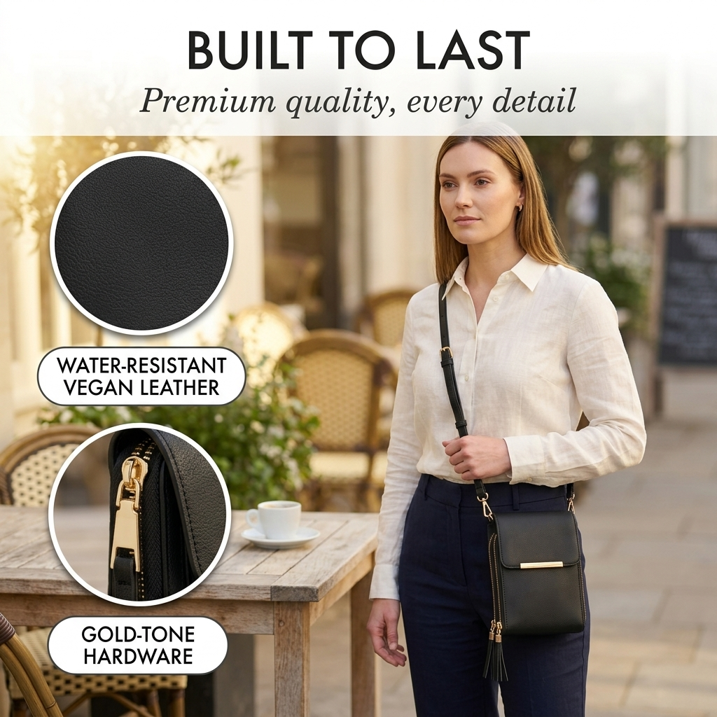 Woman in a cream shirt wearing the black bag, with close-up circles showing the smooth vegan leather and gold zip hardware. 10