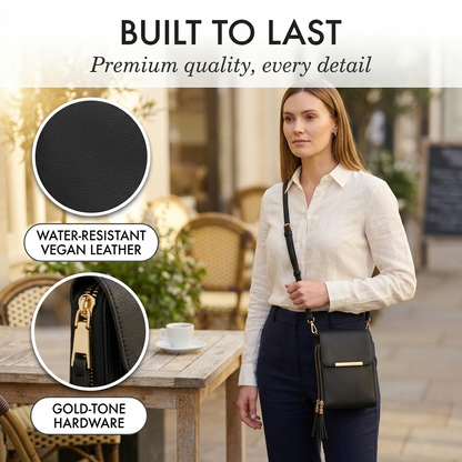 Woman in a cream shirt wearing the black bag, with close-up circles showing the smooth vegan leather and gold zip hardware. 10