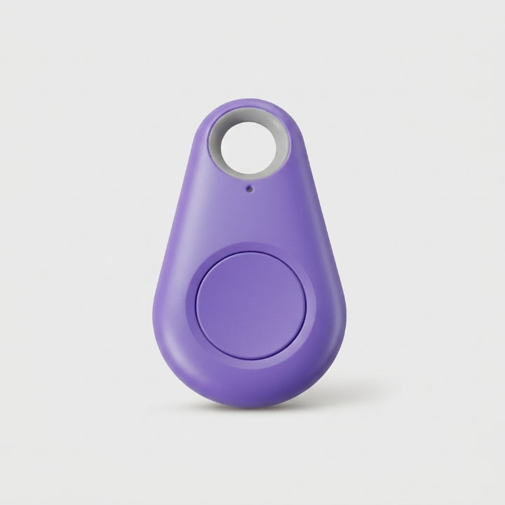 Purple teardrop-shaped tracker with a round central button and keyring hole, on a plain background 9