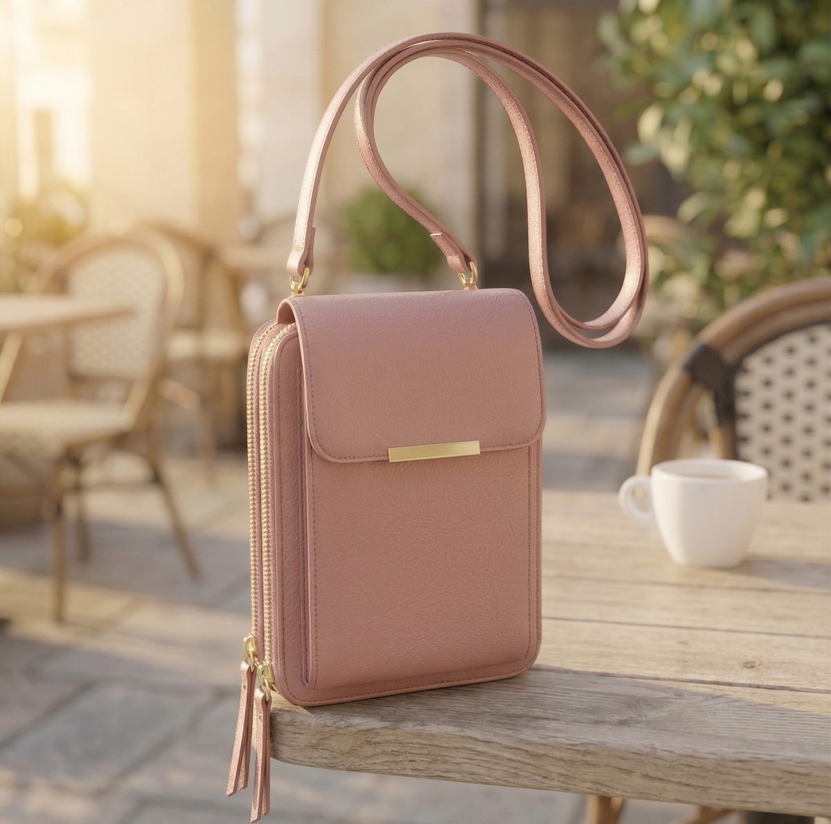 Dusky pink version of the flap crossbody bag with gold bar clasp and matching strap, set on a sunlit cafe table. 2