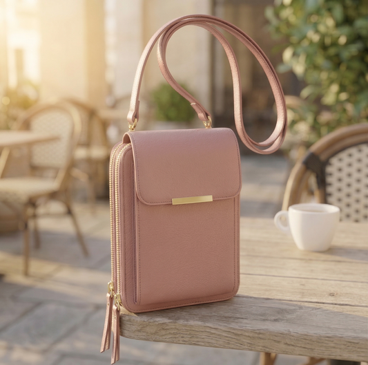 Dusky pink version of the flap crossbody bag with gold bar clasp and matching strap, set on a sunlit cafe table. 2