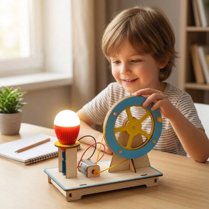 Smiling boy at a desk turns the blue and yellow wheel of a wooden generator model that lights a small red lamp. 1