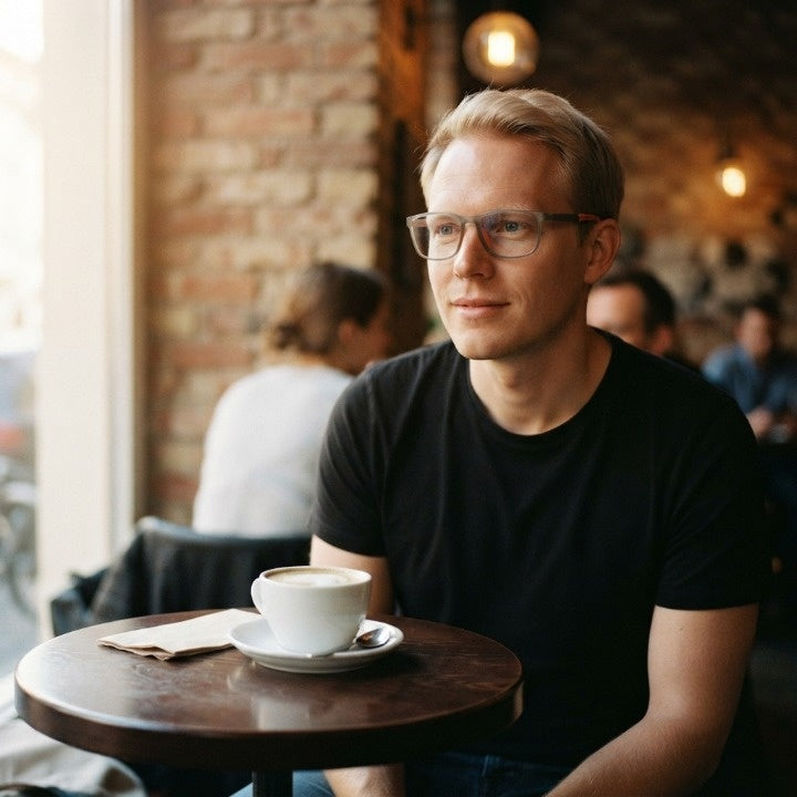 Man in a black t-shirt wearing the clear grey frames at a cafe table with a cup of coffee. 4