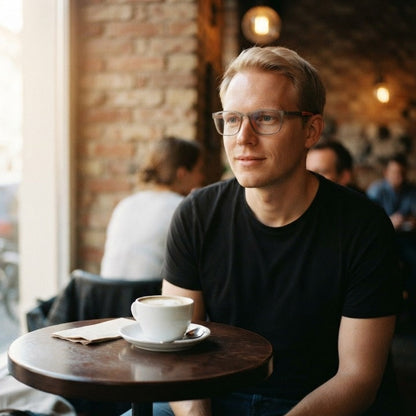 Man in a black t-shirt wearing the clear grey frames at a cafe table with a cup of coffee. 4