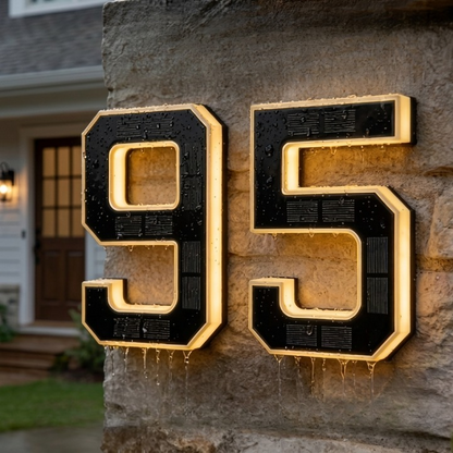 Close-up of two black backlit digits on a stone wall, covered in raindrops to show weather resistance, with visible solar panel cells. 4