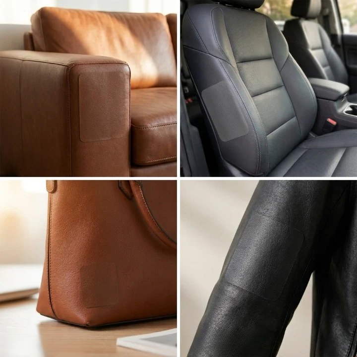 Four-panel collage showing patches on a brown sofa arm, car seat, handbag and jacket sleeve 7