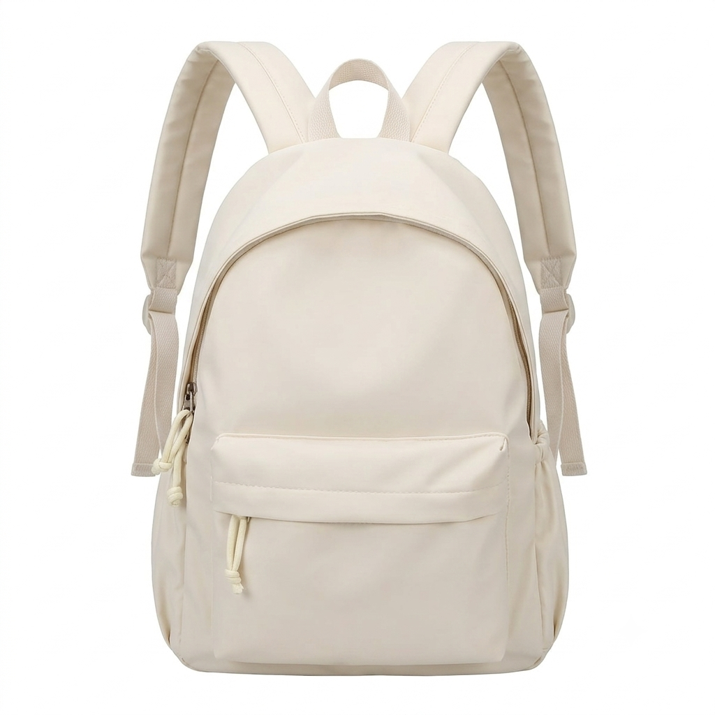 Front view of the cream backpack with matching straps, a zipped front pocket with cord pull and elasticated side pocket. 5