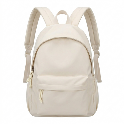 Front view of the cream backpack with matching straps, a zipped front pocket with cord pull and elasticated side pocket. 5