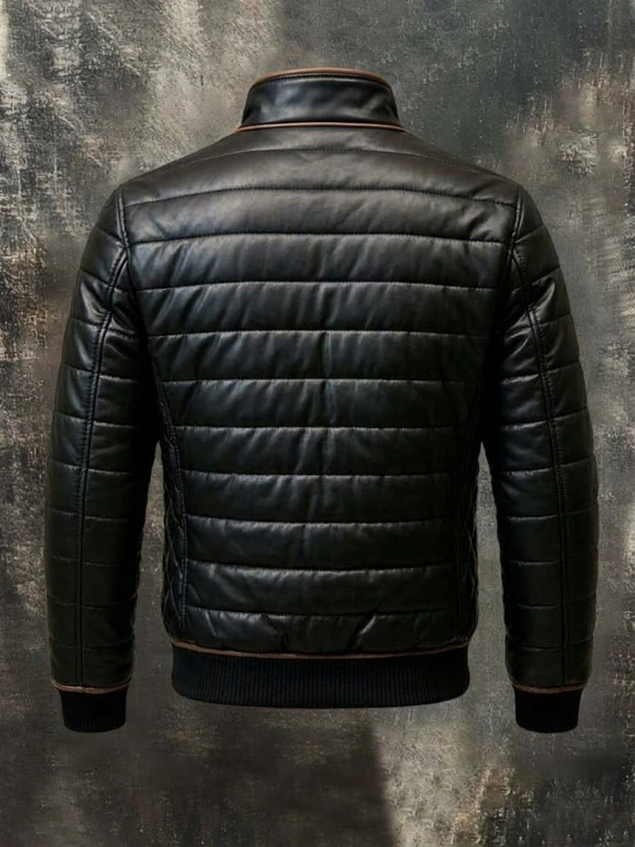 Back view of the black quilted jacket with horizontal stitched panels, ribbed cuffs and hem 4