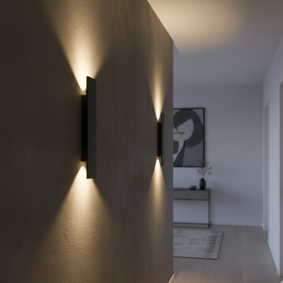 Black wall lights glowing warmly above and below on a textured indoor hallway wall, with a console table beyond. 3