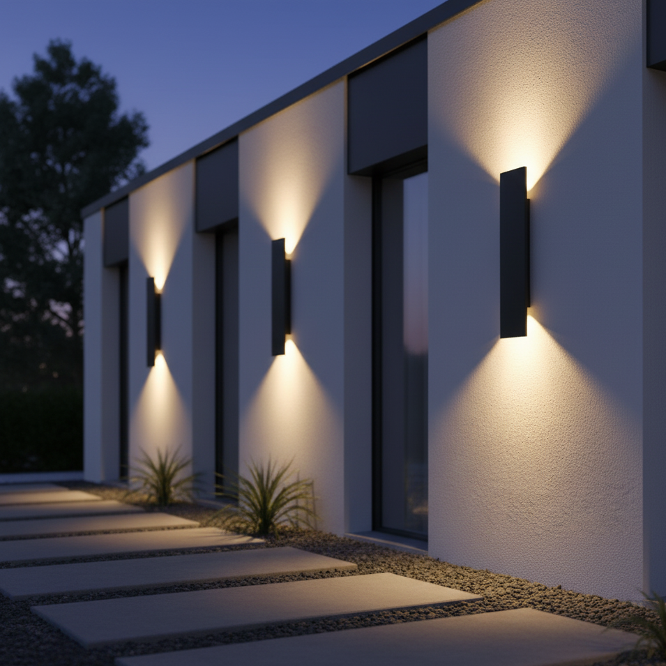 Row of black wall lights on a white rendered house at dusk, their light fanning up and down over the facade. 4