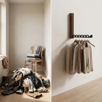Before-and-after split: clothes heaped on a floor beside a chair, and the same items neatly hung on the wall rack. 5