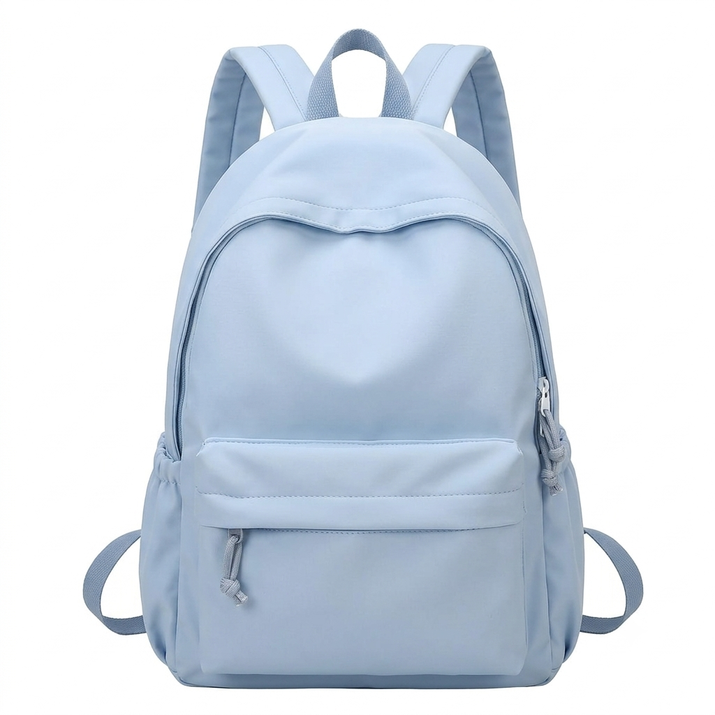 Front view of the light blue backpack with a top handle, zipped front pocket and elasticated side pockets. 6