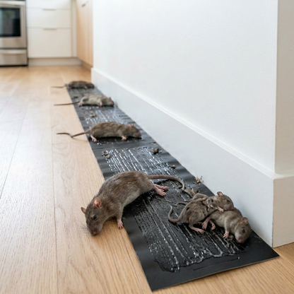 Long black glue trap along a skirting board with several rats stuck to it 1