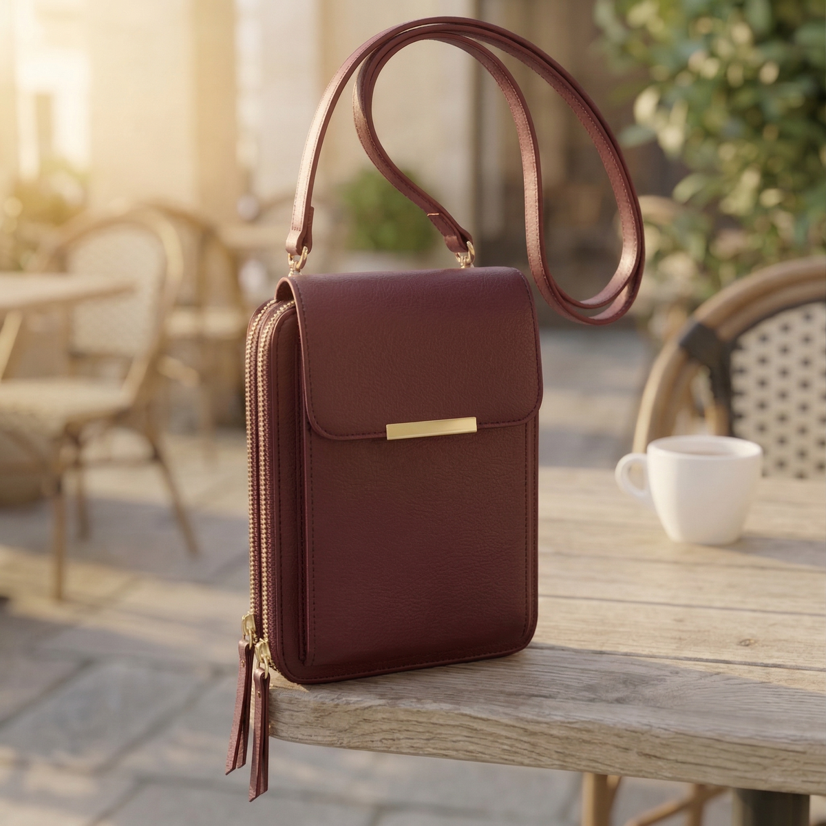 Burgundy version of the flap crossbody bag with gold bar clasp and double zips, standing on a rustic wooden table. 6
