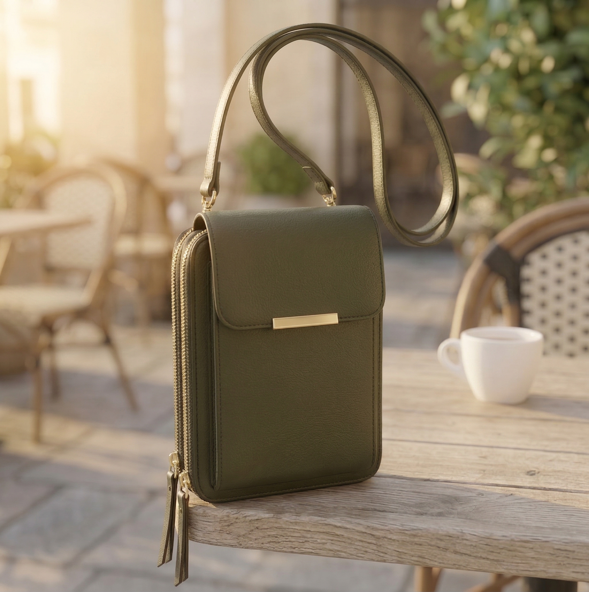 Olive green version of the flap crossbody bag with gold bar clasp and long strap, on a cafe table in warm light. 5