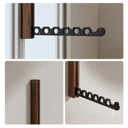 Three close-up views of the dark wooden rack: arm extended by a window, folded flat, and extended again. 8