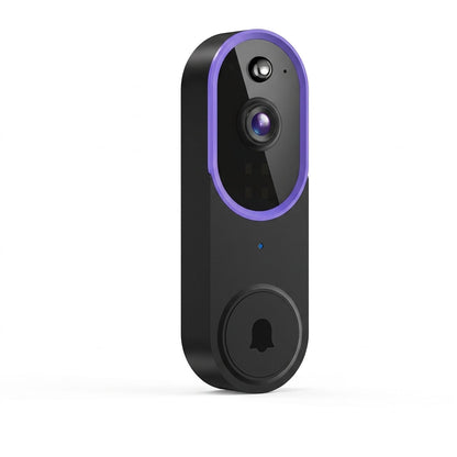 Black doorbell with purple ring around the camera, shown at an angle on a plain white background 8