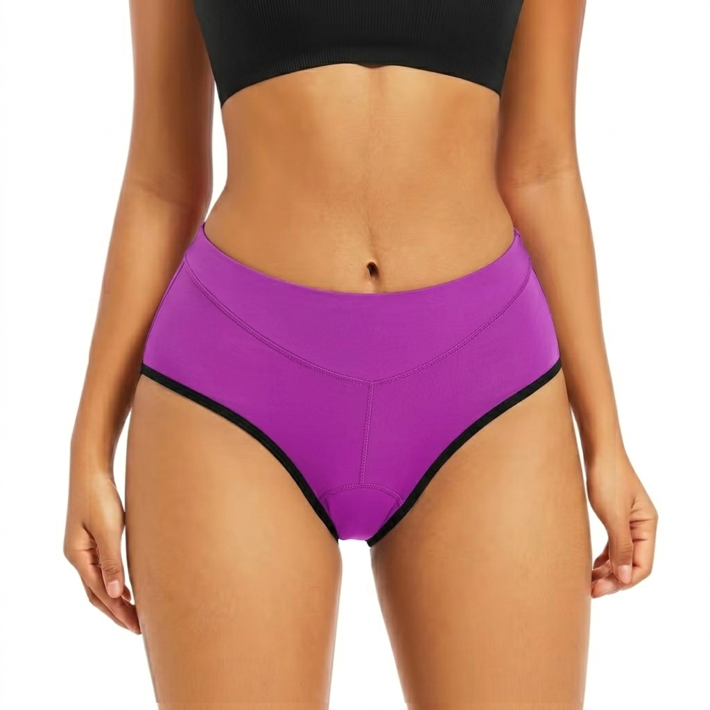 Front view on a model of vivid purple briefs with black edging on the leg openings 8