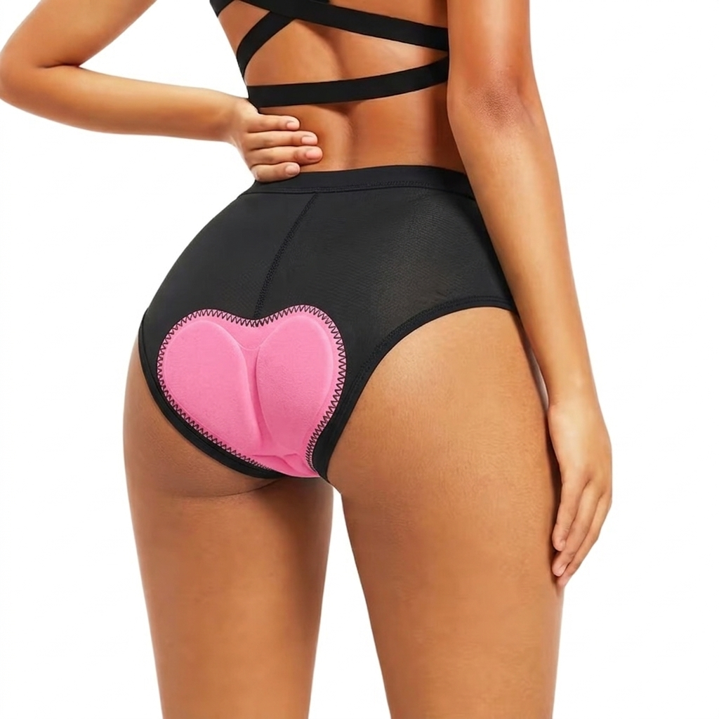 Back view on a model of black mesh briefs with a heart-shaped pink gel pad 1