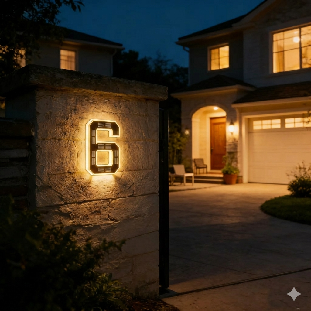 Backlit black number six mounted on a stone gatepost at night, with a lit house and driveway behind. 11