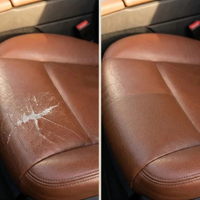 Before and after of a scuffed tan car seat, the damage hidden by the repair 6