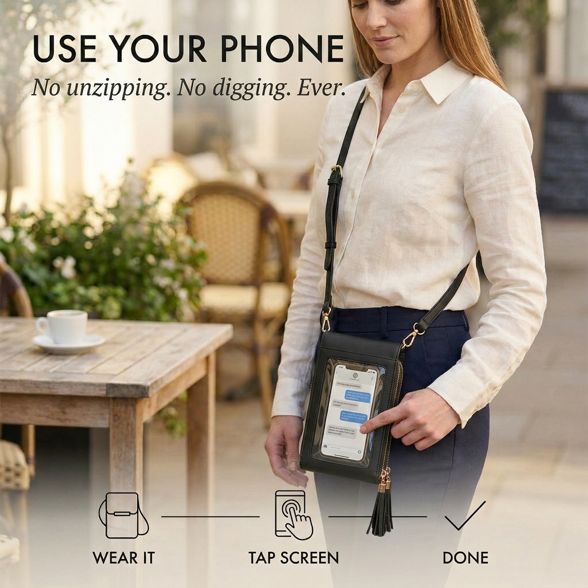 Woman tapping a phone screen through the clear touchscreen window on the front of the black bag, with three step icons below. 11
