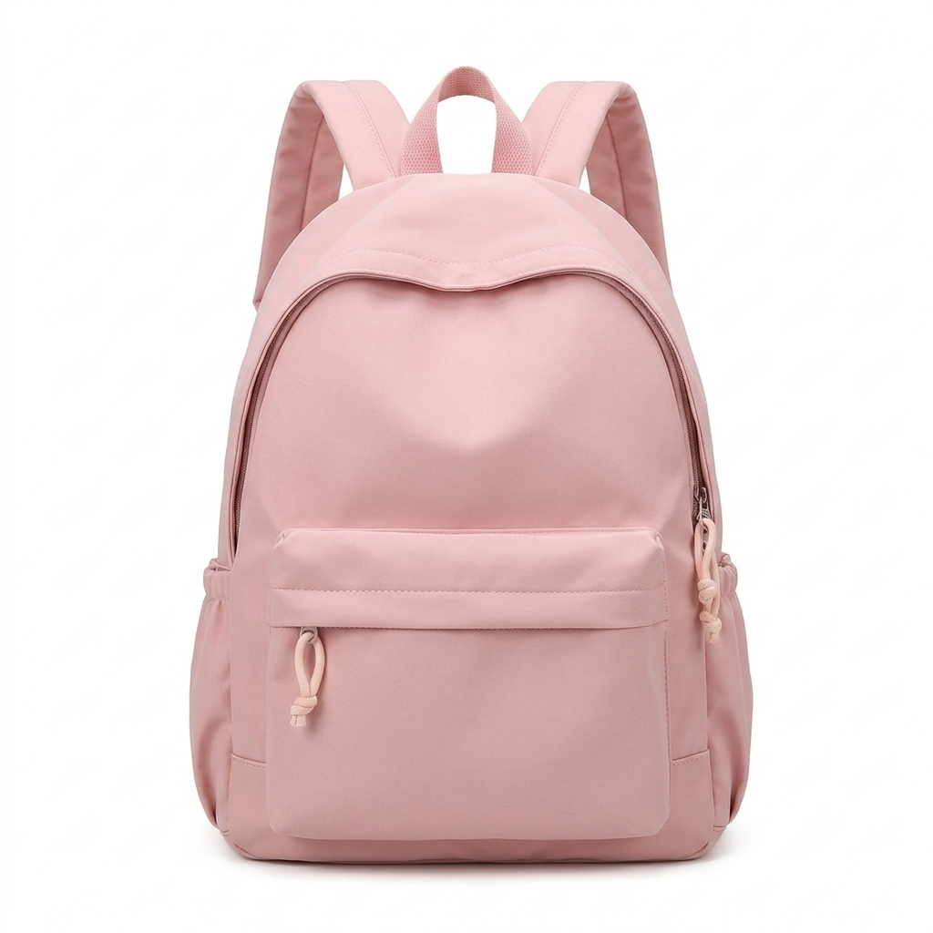 Front view of the soft pink backpack with padded shoulder straps, top handle and a zipped front pocket with knotted cord pull. 7