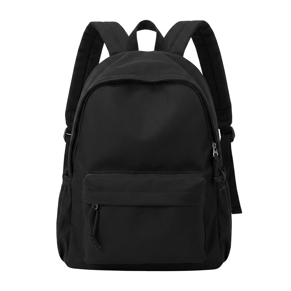 Front view of the plain black backpack with two padded shoulder straps, a top handle and a zipped front pocket. 4