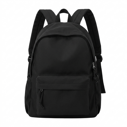 Front view of the plain black backpack with two padded shoulder straps, a top handle and a zipped front pocket. 4
