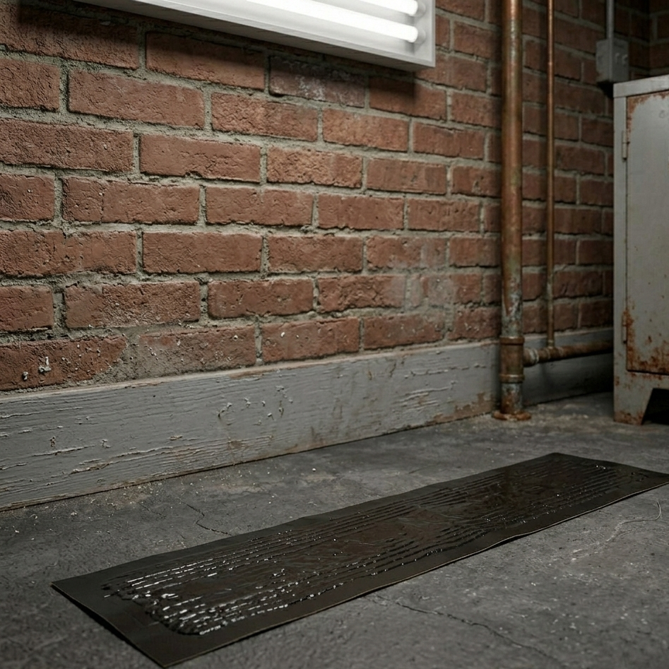 Empty glue trap laid beside a brick wall in a basement with pipes and a cabinet 3