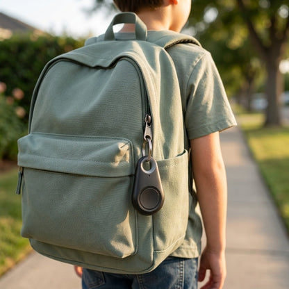 Child seen from behind wearing a sage green backpack with the black tracker clipped to its zip 2