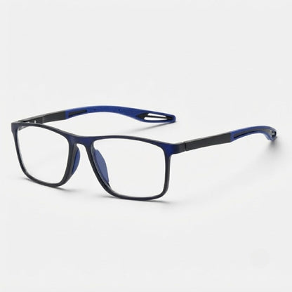 Angled view of dark blue frames with blue silicone arm tips and nose pads, shown against a plain white background. 7