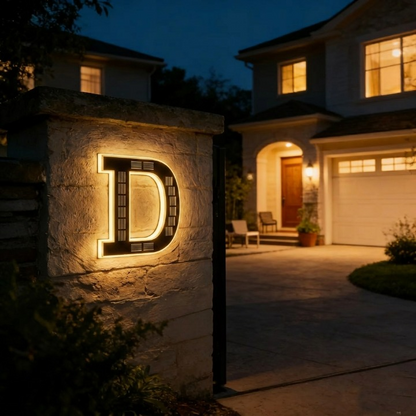 Backlit black letter D mounted on a stone gatepost at night, with a lit house and driveway behind. 18